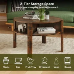 Tangkula Round Coffee Table With 4 Side Compartments 2-Tier Circle Coffee Table -Baxton Studio Shop GUEST 42cab407 ad9f 4e05 8f5a a2cec4dbb098