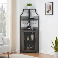 Corner Wine Bar Rack Cabinet With Detachable Wine Rack, Bar Cabinet With Glass Holder -Baxton Studio Shop GUEST 432c3aa2 3107 4031 8ed9 8dd5d77ed497