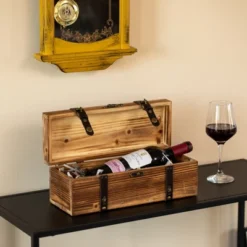 Vintiquewise Vintage Wooden Wine Gift Box – Rustic Single Bottle Holder With Locking Latch, Decorative Brass Accents, And Faux Leather Straps -Baxton Studio Shop GUEST 432e1e29 302c 43a8 9a94 b3deeaa5e5a5