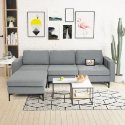 Costway Modular L-shaped 3 Seat Sectional Sofa W/ Reversible Chaise & 2 USB Ports