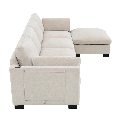 130" L-Shaped Sectional Sofa, 5 Seat Chenille Modular Sofa Couch With Folding Table, Dual USB Charging & Ottoman, Beige/Gray - ModernLuxe 10 130" L-Shaped Sectional Sofa, 5 Seat Chenille Modular Sofa Couch With Folding Table, Dual USB Charging & Ottoman, Beige/Gray - ModernLuxe - Image 10