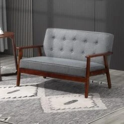 HOMCOM Modern Upholstered 2-Seat Loveseat Sofa With Linen-Touch Fabric And Rubberwood Legs, Gray