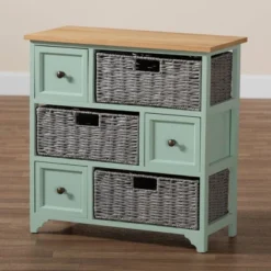 Valtina Two-Tone Wood 3 Drawer Storage Unit With Baskets Oak Brown/Gray/Mint Green - Baxton Studio -Baxton Studio Shop GUEST 46ba713b fbe3 4c8a 8322 e00d300f569e