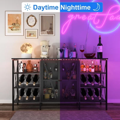 55.12" Farmhouse Wine Bar Cabinet With Wine Rack And Glass Holder, Rustic Coffee Bar ,Metal Sideboard And Liquor Table Cabinet 4 55.12" Farmhouse Wine Bar Cabinet With Wine Rack And Glass Holder, Rustic Coffee Bar ,Metal Sideboard And Liquor Table Cabinet - Image 4