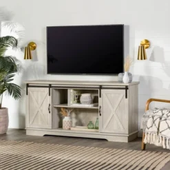 Modern Transitional Sliding Barndoor TV Stand For TVs Up To 65"- Saracina Home -Baxton Studio Shop GUEST 4792b222 989e 4d2f a170 a61b30209fd2