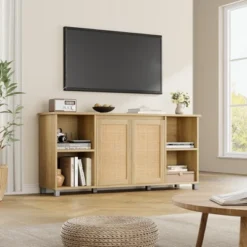 70 Inch TV Stand, Boho TV Stand With Rattan Cabinet Doors, Entertainment Center With 4 Open Shelve, Mid-Century Modern TV Stands - Natural -Baxton Studio Shop GUEST 479dd17c 4f4f 40a3 b626 09ff9ed91354