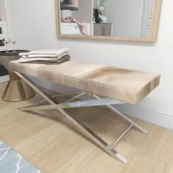 Contemporary Stainless Steel Cowhide X-Bench Beige - Olivia & May -Baxton Studio Shop GUEST 47b0488d ea5e 424b 886c 97b03666e035
