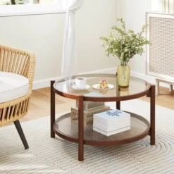 Costway Wooden 31" Round Coffee Table With Tempered Glass Top Handmade Rattan Shelf 11 Costway Wooden 31" Round Coffee Table With Tempered Glass Top Handmade Rattan Shelf -Baxton Studio Shop GUEST 48187236 db91 4759 9b32 b5a2ab314cba