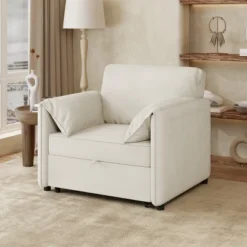 APRILSOUL White Convertible Pull Out Sofa Bed, 3-in-1 Convertible Sleeper Chair, Adjustable Backrest With Thicked Cushions