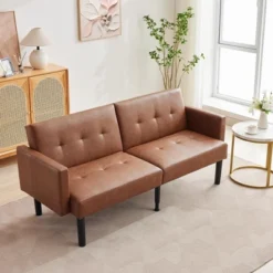 Modern Mid-Century Futon Sofa Bed – Compact 3-Seater Convertible Sleeper Loveseat With Chevron Tufting & Tapered Legs, Brown -Baxton Studio Shop GUEST 4877b0ef 235f 43ac b82a b88b0ce4f3b5