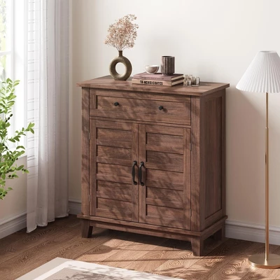 Set Of 2 Rustic Storage Cabinet Adjustable 3-Tier, Farmhouse Entryway Organizer With Slatted Doors, Kitchen Storage Cabinet With Large Drawer 7 Set Of 2 Rustic Storage Cabinet Adjustable 3-Tier, Farmhouse Entryway Organizer With Slatted Doors, Kitchen Storage Cabinet With Large Drawer - Image 7