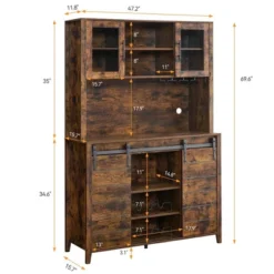 WhizMax 70" Farmhouse Coffee Bar Wine Cabinet With Sliding Barn Doors, Tall Kitchen Hutch With Wine & Glasses Rack, For Kitchen, Dining Room, Oak