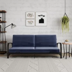 RealRooms Karli Black Metal Arm Futon Frame With 6" Blue Mattress And Extra Black Slipcover