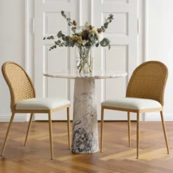 Rattan Dining Room Chair, Linen Dining Chair With Double Layer Rattan Back, Cane Dining Chair With Metal Legs - Maison Boucle