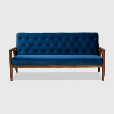 Sorrento Velvet Upholstered Wooden 3 Seater Sofa Navy Blue/Brown - Baxton Studio 1 Sorrento Velvet Upholstered Wooden 3 Seater Sofa Navy Blue/Brown - Baxton Studio