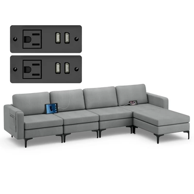 Costway Modular L-shaped Sectional Sofa W/ Reversible Chaise & 4 USB Ports OrangeDark Grey 11 Costway Modular L-shaped Sectional Sofa W/ Reversible Chaise & 4 USB Ports OrangeDark Grey - Image 11