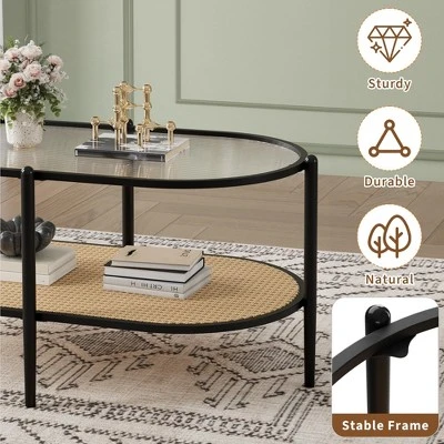 Garvee 2-Tier Rattan Coffee Table, Boho Oval Coffe Table With Tempered Glass Top, Farmhouse Water-Wave Glass Metal Tea Center Tables 2 Garvee 2-Tier Rattan Coffee Table, Boho Oval Coffe Table With Tempered Glass Top, Farmhouse Water-Wave Glass Metal Tea Center Tables - Image 2
