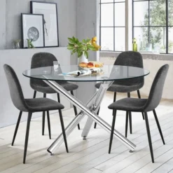 Eileen+Spoon 5-Piece Silver Round Clear Glass Dining Table Set With 4 Upholstered Chairs With Metal Legs -The Pop Maison -Baxton Studio Shop GUEST 4cf86779 ffb0 4489 b77e 0ea3bddfcd25