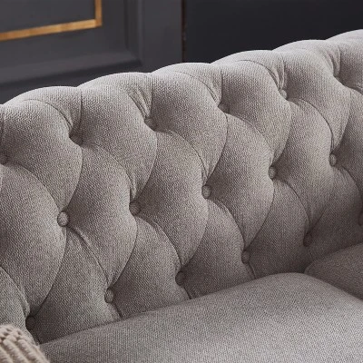 Chesterfield Linen Tufted Nailhead Upholstered Sofa With Wooden Legs - ModernLuxe 7 Chesterfield Linen Tufted Nailhead Upholstered Sofa With Wooden Legs - ModernLuxe - Image 7