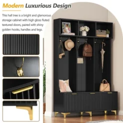 TIRAMISUBEST Modern Hall Tree With Storage Bench & 6 Gold Hooks - Entryway Organizer, High Gloss Fluted Doors, Black -Baxton Studio Shop GUEST 4ef962c5 b4f0 4e61 bb70 dab4a0979e4b