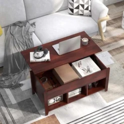 Costway Lift Top Coffee Table W/ Hidden Compartment And Storage Shelves Modern Furniture Brown