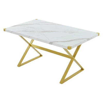 7 PCS Modern Dining Table Set, Marble Texture Kitchen Table And 6 PU Leather Chairs With X-Shaped Gold Steel Pipe Legs, White+Gold-ModernLuxe 9 7 PCS Modern Dining Table Set, Marble Texture Kitchen Table And 6 PU Leather Chairs With X-Shaped Gold Steel Pipe Legs, White+Gold-ModernLuxe - Image 9