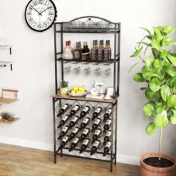 Wine Rack 3-Tier Liquor Storage Shelf With Hanging Wine Glass Holder And Fences, Large-Capacity Floor Liquor Stand With 20-Bottle For Home Bar 11 Wine Rack 3-Tier Liquor Storage Shelf With Hanging Wine Glass Holder And Fences, Large-Capacity Floor Liquor Stand With 20-Bottle For Home Bar -Baxton Studio Shop GUEST 4fe83315 aff1 4e66 aa95 92a0635f4bd9