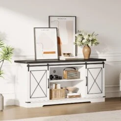 Farmhouse TV Stand And Entertainment Center For TV Up To 65 Inches With Sliding Barn Doors And Adjustable Shelf, White & Brown -Baxton Studio Shop GUEST 505e938a 391e 4c4c 9148 6245bffab5b3