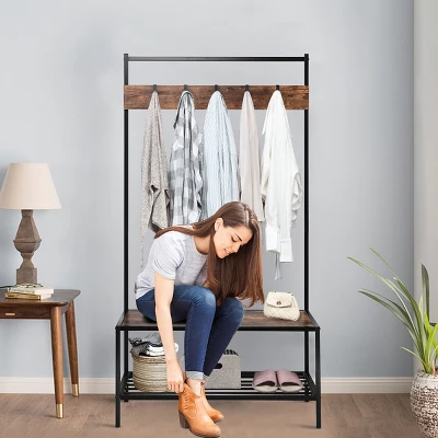 COSTWAY 3 In 1 Industrial Coat Rack Shoe Bench Entryway Hall Tree Storage Shelf W/ Hooks 2 COSTWAY 3 In 1 Industrial Coat Rack Shoe Bench Entryway Hall Tree Storage Shelf W/ Hooks - Image 2