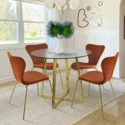HANA+FLAVIA 5-Piece Round Clear Glass Gold Legs Dining Table Set With 4 Upholstered Chairs-The Pop Maison -Baxton Studio Shop GUEST 50f4c42a 49cb 45cd 8f85 a6ff736a337c