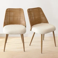 Nice Rattan Dining Chairs,Double Layer Rattan Back,Beige Upholstered Cane Dining Chair,Armless Kitchen Chairs With Bouclé Fabric-Maison Boucle -Baxton Studio Shop GUEST 510e45cf 95b5 44d9 937f 2f7b5fc0d44b