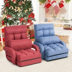 Costway Folding Floor Armchair W/6-position Adjustable Back & Lumbar Pillow Red
