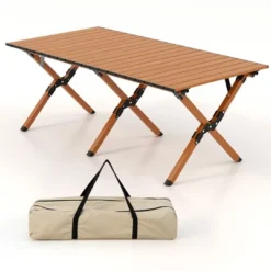 Costway Folding Aluminum Camping Table With Carry Bag Roll-Up Picnic Table With Wood Grain -Baxton Studio Shop GUEST 51d450a7 4ec7 4946 bf7a 8f69976ac99e