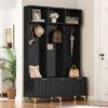 TIRAMISUBEST Modern Hall Tree With Storage Bench & 6 Gold Hooks - Entryway Organizer, High Gloss Fluted Doors, Black