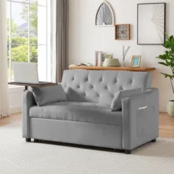 Velvet Sofa Bed With Tufted Back And Seat, 360° Side Table, Adjustable Backrest And Foam Cushion For Living Room -Baxton Studio Shop GUEST 561f95c5 fd99 43f1 8e40 847dac47c717