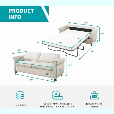 Mjkone Pull Out Sofa Bed,Full Size Sleeper Sofa Couch With Memory Foam Mattress 3 Mjkone Pull Out Sofa Bed,Full Size Sleeper Sofa Couch With Memory Foam Mattress - Image 3