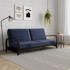 RealRooms Karli Black Metal Arm Futon Frame With 6" Blue Mattress And Extra Black Slipcover -Baxton Studio Shop GUEST 56b2e471 47c0 4ffe 98ef 8602f1c5999e