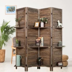 Rancho 4 Shelf Panel Folding Screen Room Partition Paulownia Wood - Proman Products -Baxton Studio Shop GUEST 57bfe826 4e6c 4202 9092 7f99dd93415b