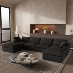 WJSHome Modular Sectional Sofa Couches For Living Room,160" Linen Cloud Couch With Storage Ottoman,U Shaped 6 Seater Convertible Sleeper Sofa Chaise