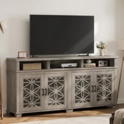 Farmhouse TV Stand For 80 Inch, Mid Century Entertainment Center With LED Lights, Wooden Media Cabinet With Glass Door For Living Room, Whitewash -Baxton Studio Shop GUEST 590a0b60 dc1a 42e4 9c40 e84fab15048b