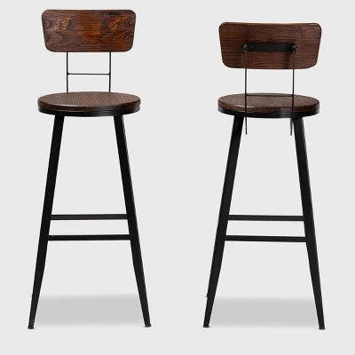 Set Of 2 Kenna Wood And Metal Finished Metal Barstools Brown/Black - Baxton Studio 1 Set Of 2 Kenna Wood And Metal Finished Metal Barstools Brown/Black - Baxton Studio