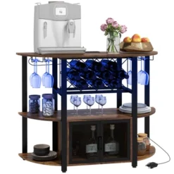 HOMCOM Wine Cabinet With Charging Station And LED Lights, Bar Cabinet With Wine Racks, Glass Holders, Mesh Doors And Open Shelves, Rustic Brown -Baxton Studio Shop GUEST 59363aba 597d 42a6 9145 a7672985ebcb
