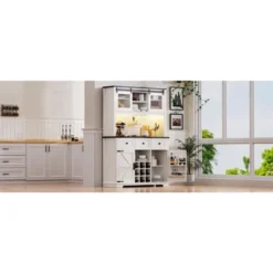71" Farmhosue Pantry Bar Cabinet With Internal Pegboard Storage Rack,Power Outlet,Kitchen Cabinet With Sliding Door,9 Wine & Glasses Rack,3 Drawers -Baxton Studio Shop GUEST 595370e6 b936 4171 88a2 95de20f893bd