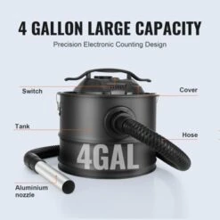 VEVOR Ash Vacuum Cleaner, 4 Gallon With 1200W Powerful Suction, Ash Vac Collector With 47.2 In Flexible Hose, For Fireplaces, Pellet Stoves, Black -Baxton Studio Shop GUEST 59cde1fd 8a18 4a39 bb6b 837e690db47d