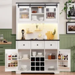 71" Farmhosue Pantry Bar Cabinet With Internal Pegboard Storage Rack,Power Outlet,Kitchen Cabinet With Sliding Door,9 Wine & Glasses Rack,3 Drawers -Baxton Studio Shop GUEST 59e8954c 82c7 42b4 a510 acf0a603b712