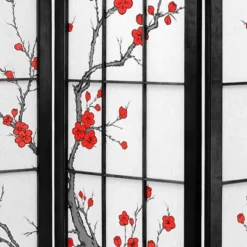 4 Ft. Tall Cherry Blossom Shoji Screen - Black (4 Panels)
