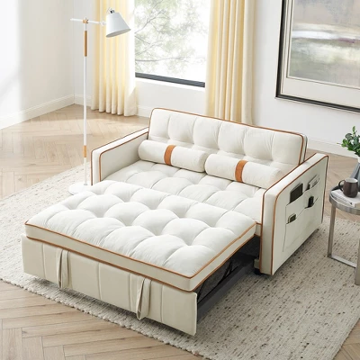 55.5" Pull Out Sleeper Sofa Bed, Upholstered Loveseat Sofa Couch With Side Pockets, Adjustable Backrest, And Lumbar Pillows-ModernLuxe 1 55.5" Pull Out Sleeper Sofa Bed, Upholstered Loveseat Sofa Couch With Side Pockets, Adjustable Backrest, And Lumbar Pillows-ModernLuxe