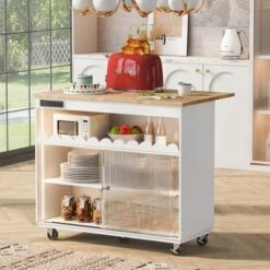 Kitchen Island, With Drop Leaf Kitchen Cart On Wheels, With Large Kitchen Island Cart With 2 Cabinet And 1 Open Shelf -Baxton Studio Shop GUEST 5c8230a6 dd04 4e39 ae6a 3ab6f160b7e9
