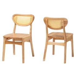 Baxton Studio 2pc Nenet Wood And Rattan Dining Chair Set Oak Brown/Light Brown: Mid-Century, Crescent Backrest, Angled Legs