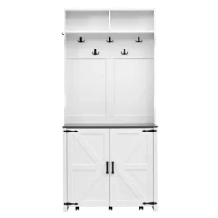 TIRAMISUBEST Farmhouse 4-in-1 Hall Tree With Barn Doors - Entryway Organizer With 7 Hooks & Wheels, White -Baxton Studio Shop GUEST 5d9f8310 c527 451c b6a3 b0895bbe800e